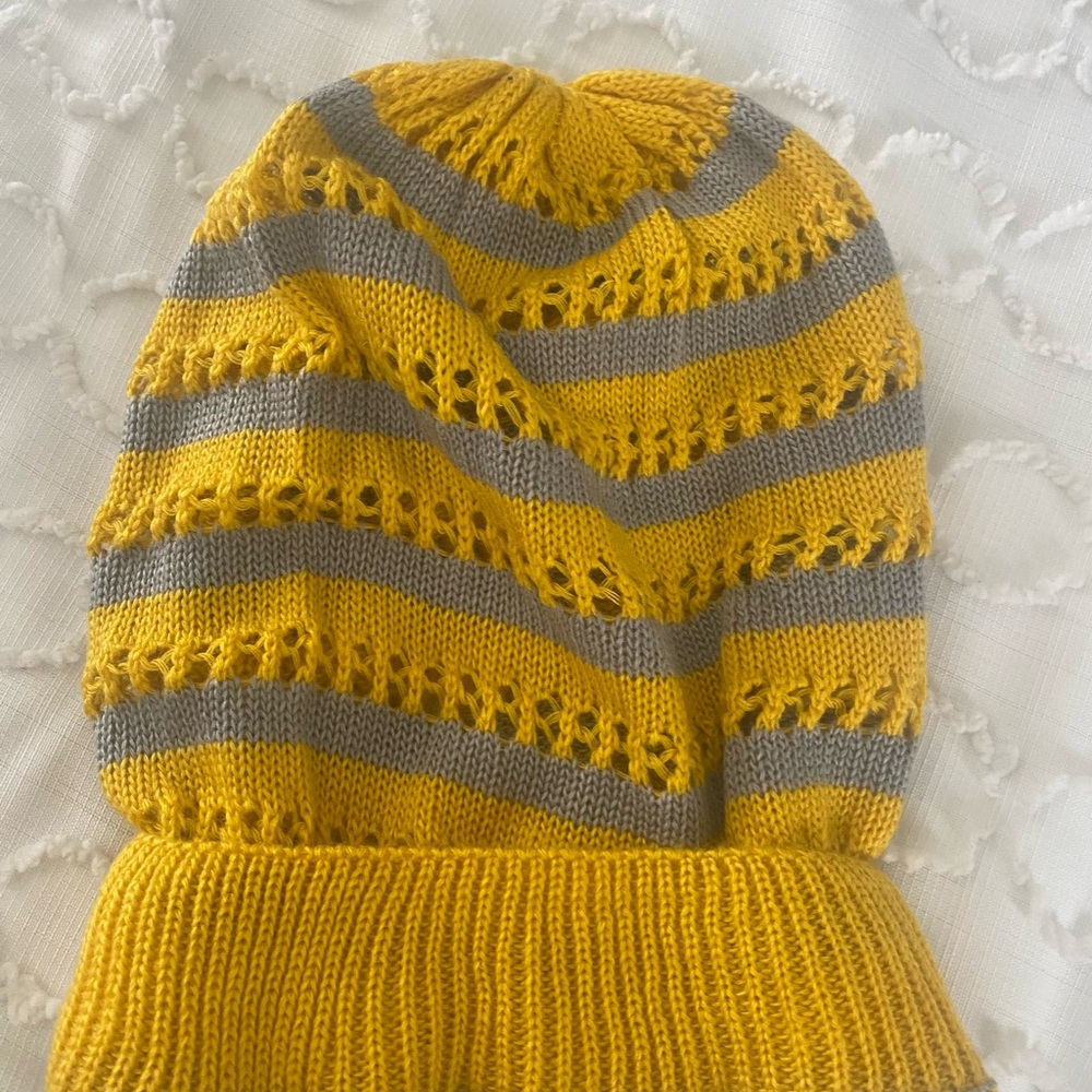 Yellow and Gray Striped Knit Beanie
